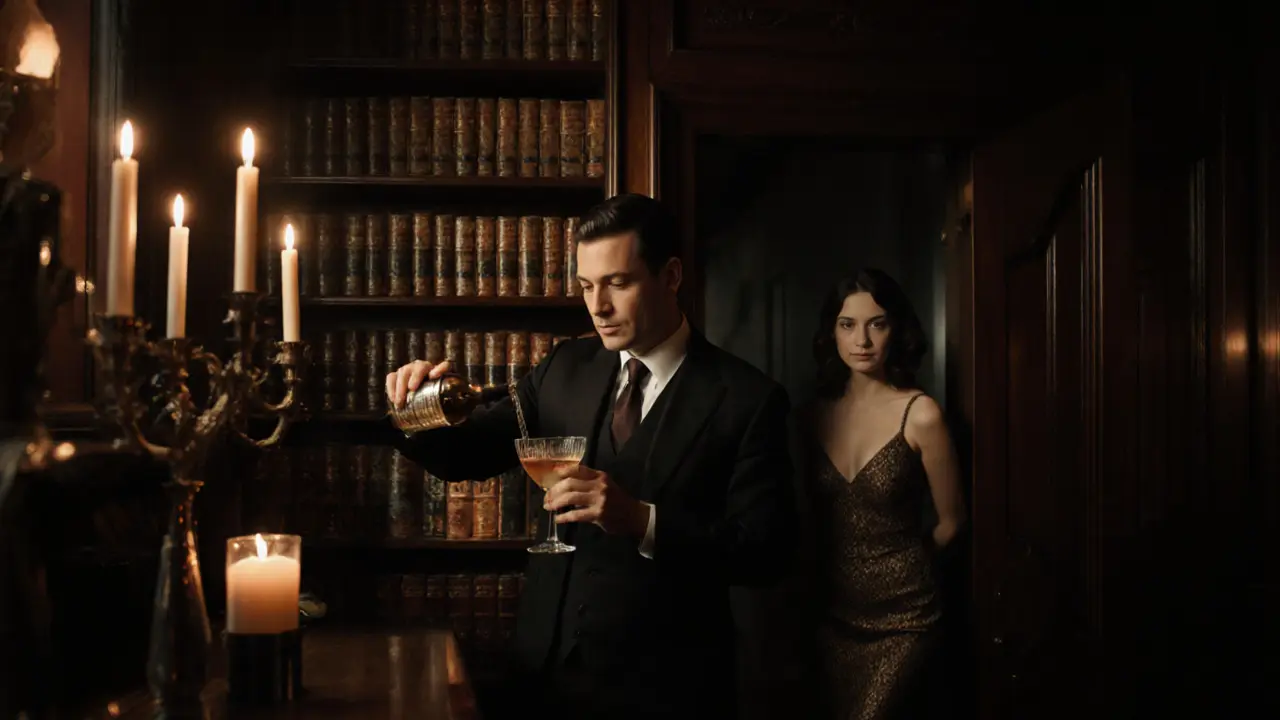 Hidden speakeasy behind a bookshelf, bartender pouring a cocktail in candlelit library with noir ambiance.