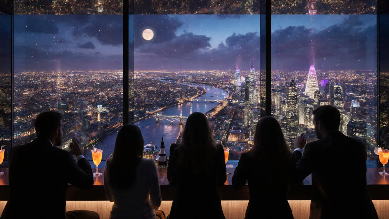 High-altitude bar with panoramic city views, glowing cocktails and illuminated Thames below.