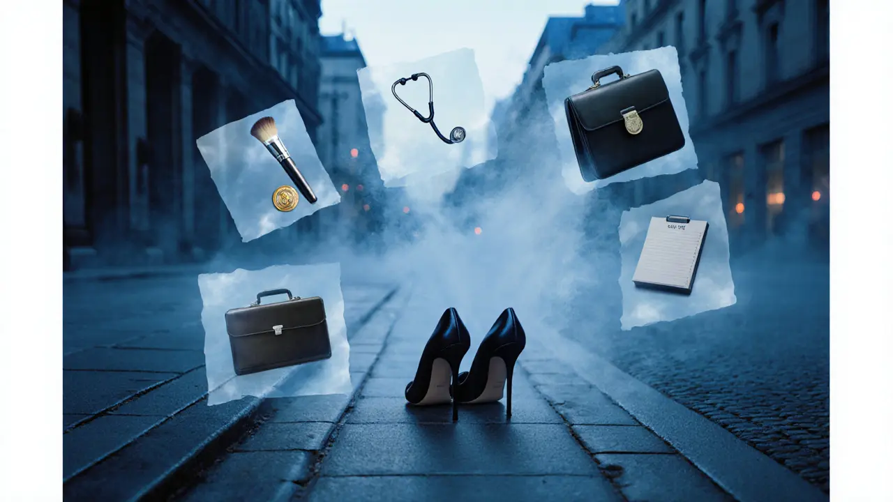 High-heeled shoes on a Berlin sidewalk, surrounded by floating symbols of the diverse identities of sex workers.