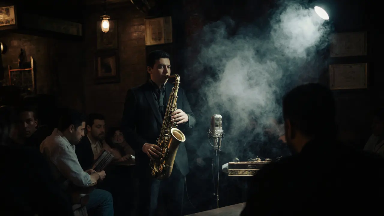 Intimate jazz club with musicians blending saxophone and oud under dim lighting.