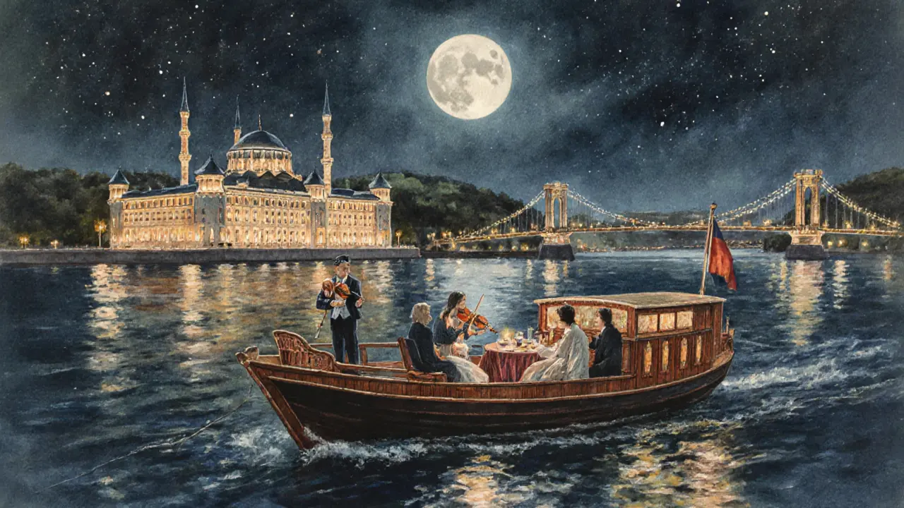 Night cruise on the Bosphorus with lanterns and a violinist playing under starlit skies.