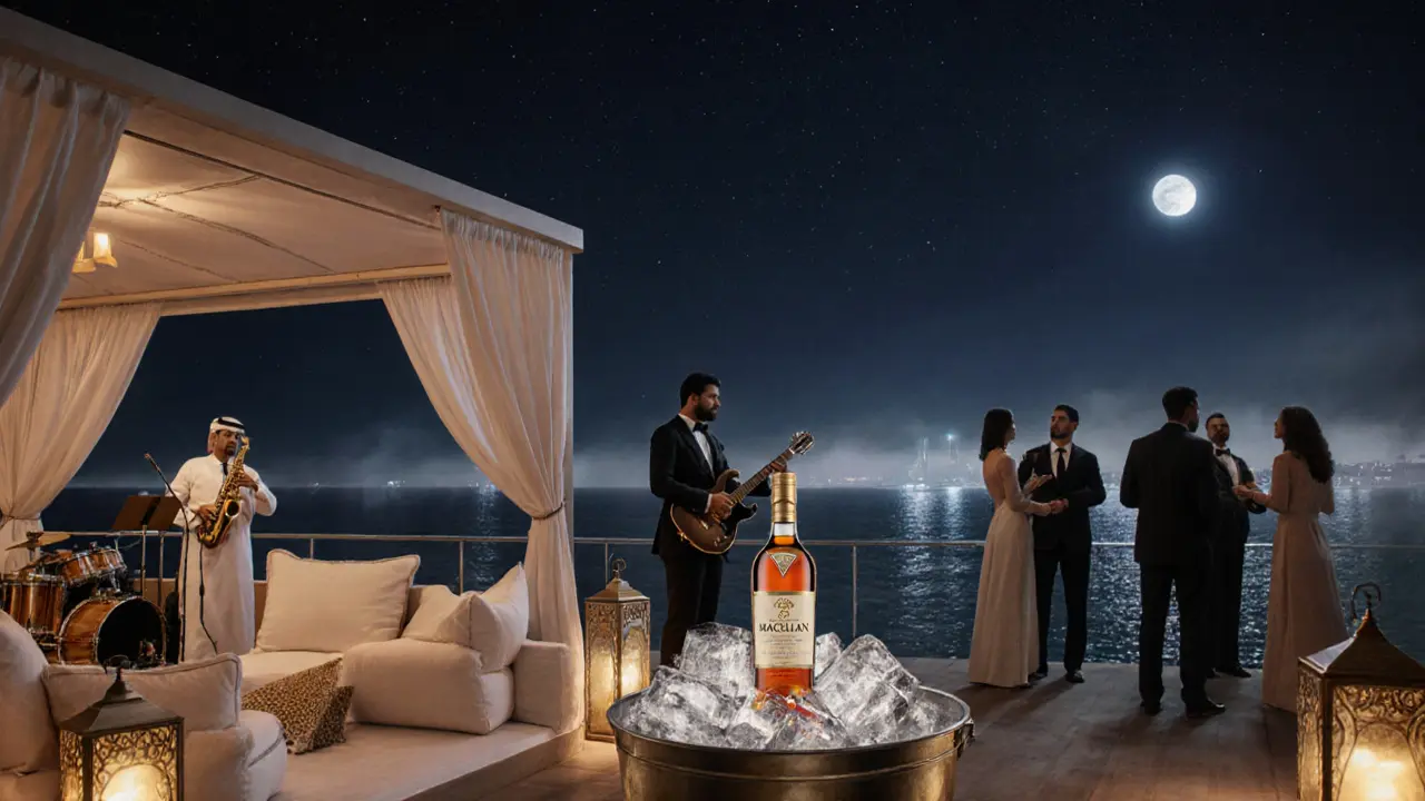 Private cabana by the Corniche with golden lanterns, jazz musicians, and a whisky bottle on glacier ice under stars.