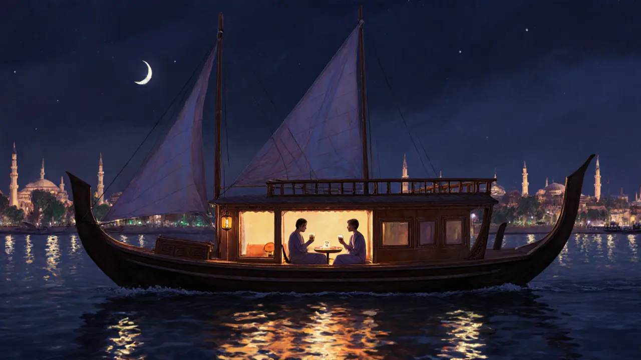 Private dhow cruise on Dubai Creek at twilight, lantern light glowing on calm water.
