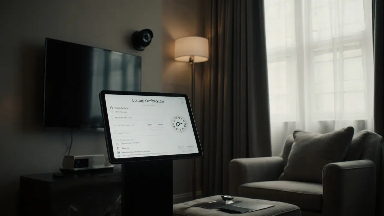 Professional hotel suite in Mayfair with booking confirmation on tablet and security camera visible.