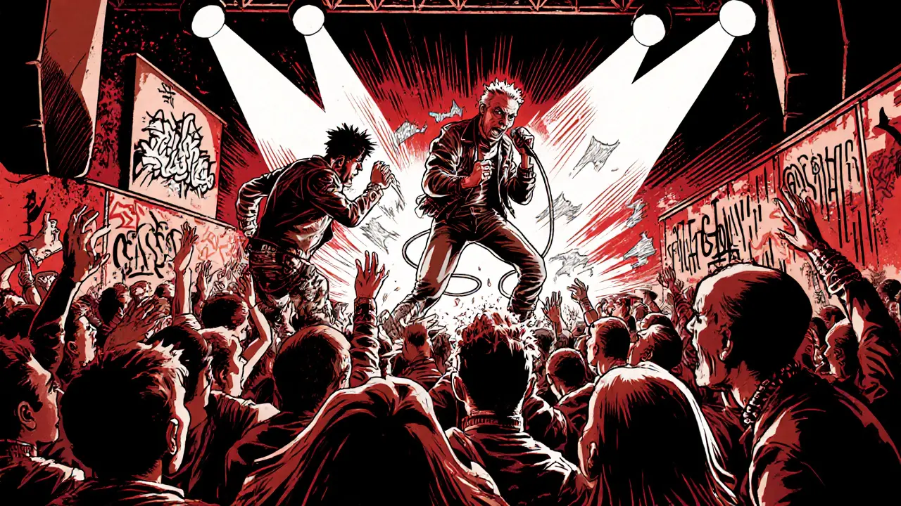 Punk concert in a gritty ballroom with mosh pit, distorted sound waves, and intense stage lighting.