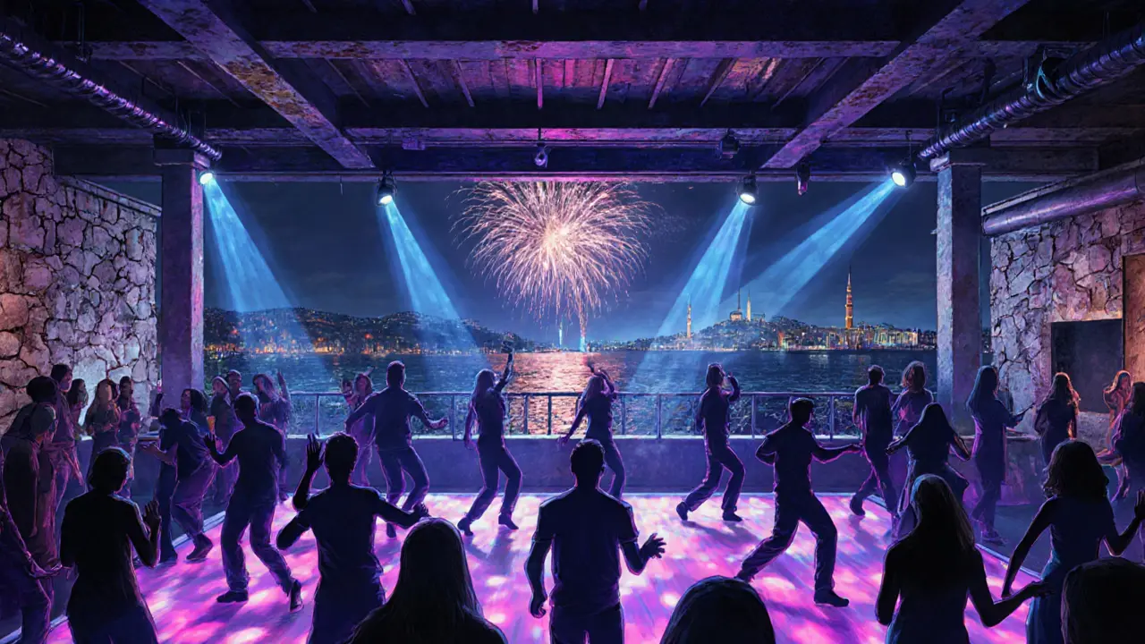 Reina nightclub dance floor under neon lights with silhouettes moving to music on the Bosphorus.