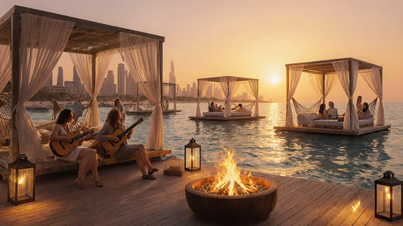 Relaxed visitors at a beach lounge at sunset with fire pits, hammocks, and lanterns.