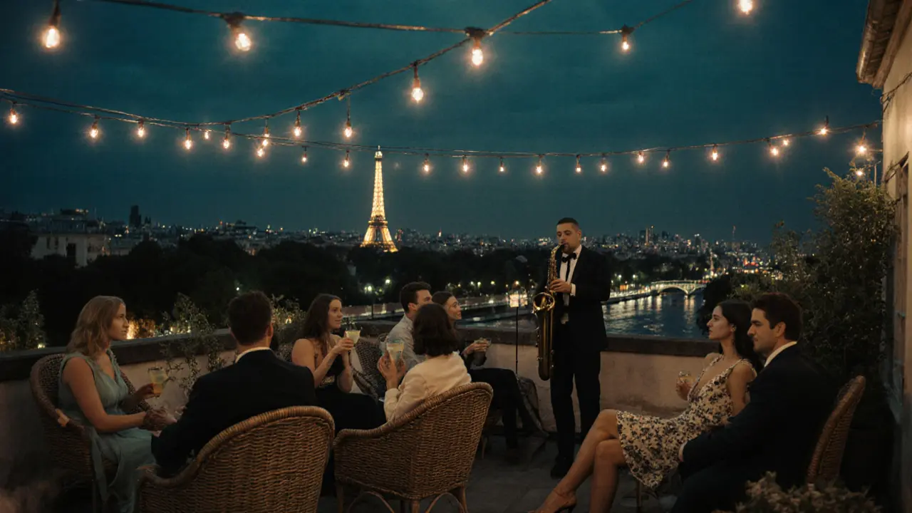 Rooftop garden in Paris at night with views of the Eiffel Tower and guests enjoying quiet cocktails under string lights.