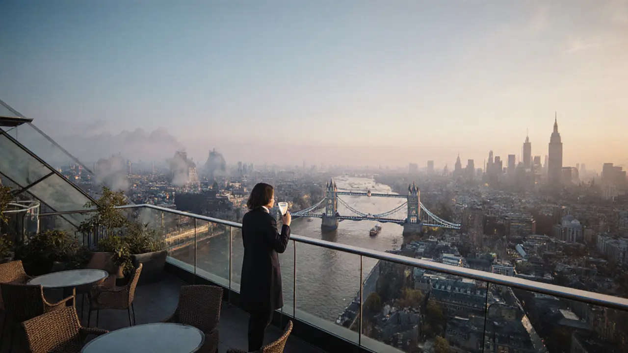 Rooftop view of London at dawn from The Sky Garden, city lights shimmering over the Thames.