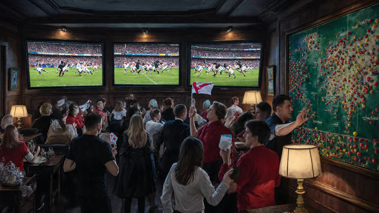 Rugby fans at The Harlequin celebrating a try, colorful pins on a wall, mixed jerseys in dim pub light.