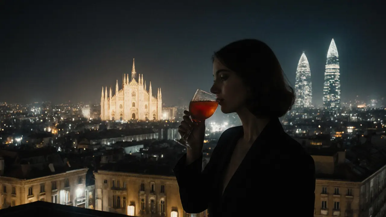 Silhouette of a person on a rooftop terrace overlooking Milan&#039;s illuminated Duomo at night.