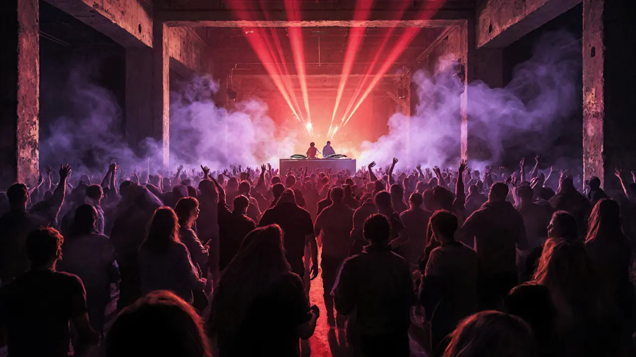 Silhouetted dancers in a massive industrial nightclub under pulsing strobe lights and smoke.