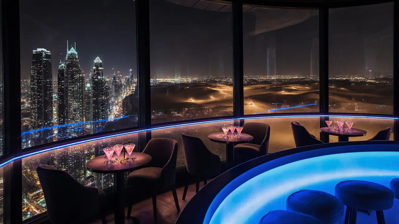 Sky View Bar with Dubai skyline on one side and desert dunes on the other, glowing cocktails and backlit bar counter.