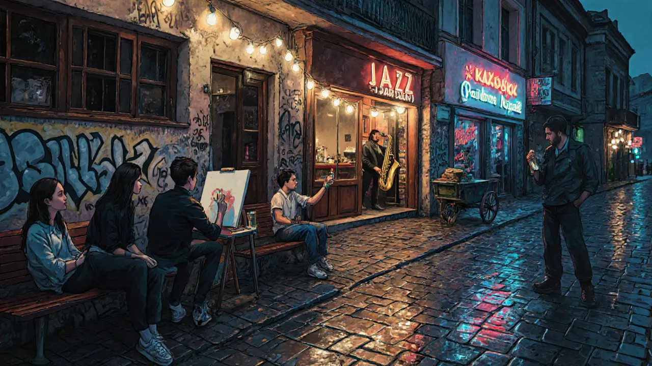 Students and artists lingering in Moda district at 3 a.m. under string lights and neon.