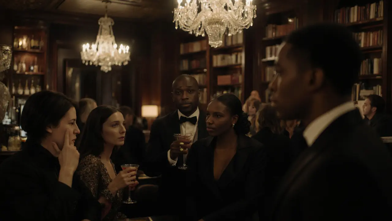 Three international escorts subtly mingling at a private London club, elegant and discreet.