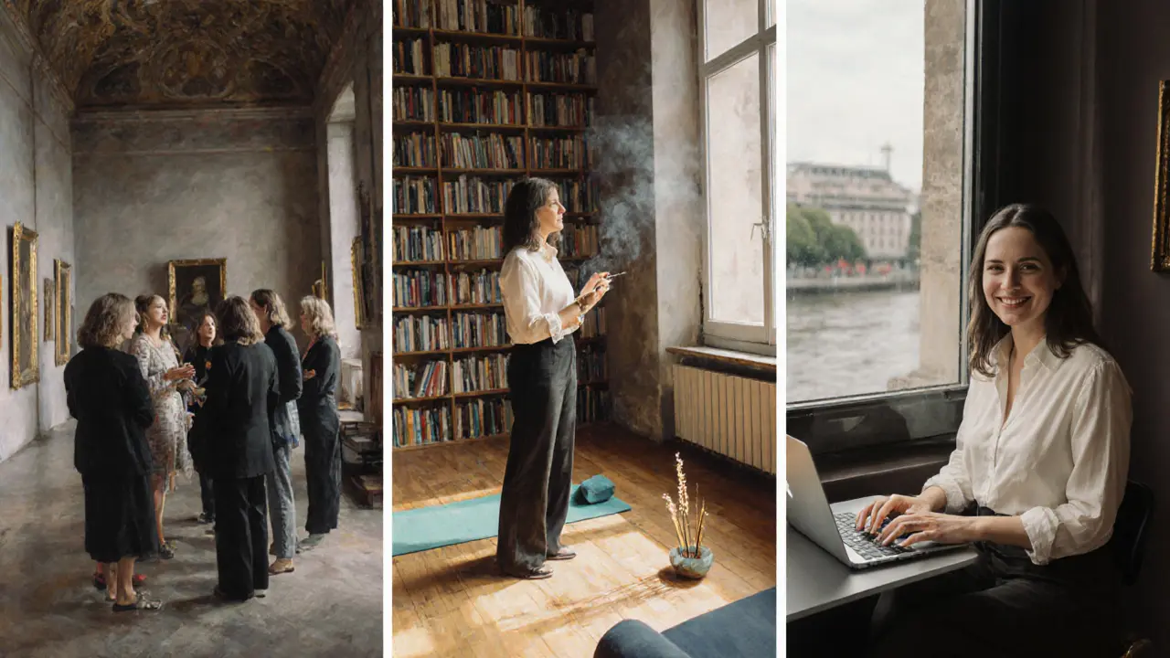 Three professional women in Berlin engage in art guiding, yoga teaching, and quiet work, surrounded by cultural and personal elements.