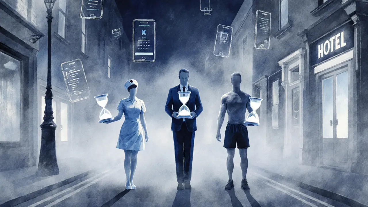 Three translucent figures in different professions stand in foggy London night, symbolizing diverse escort backgrounds.