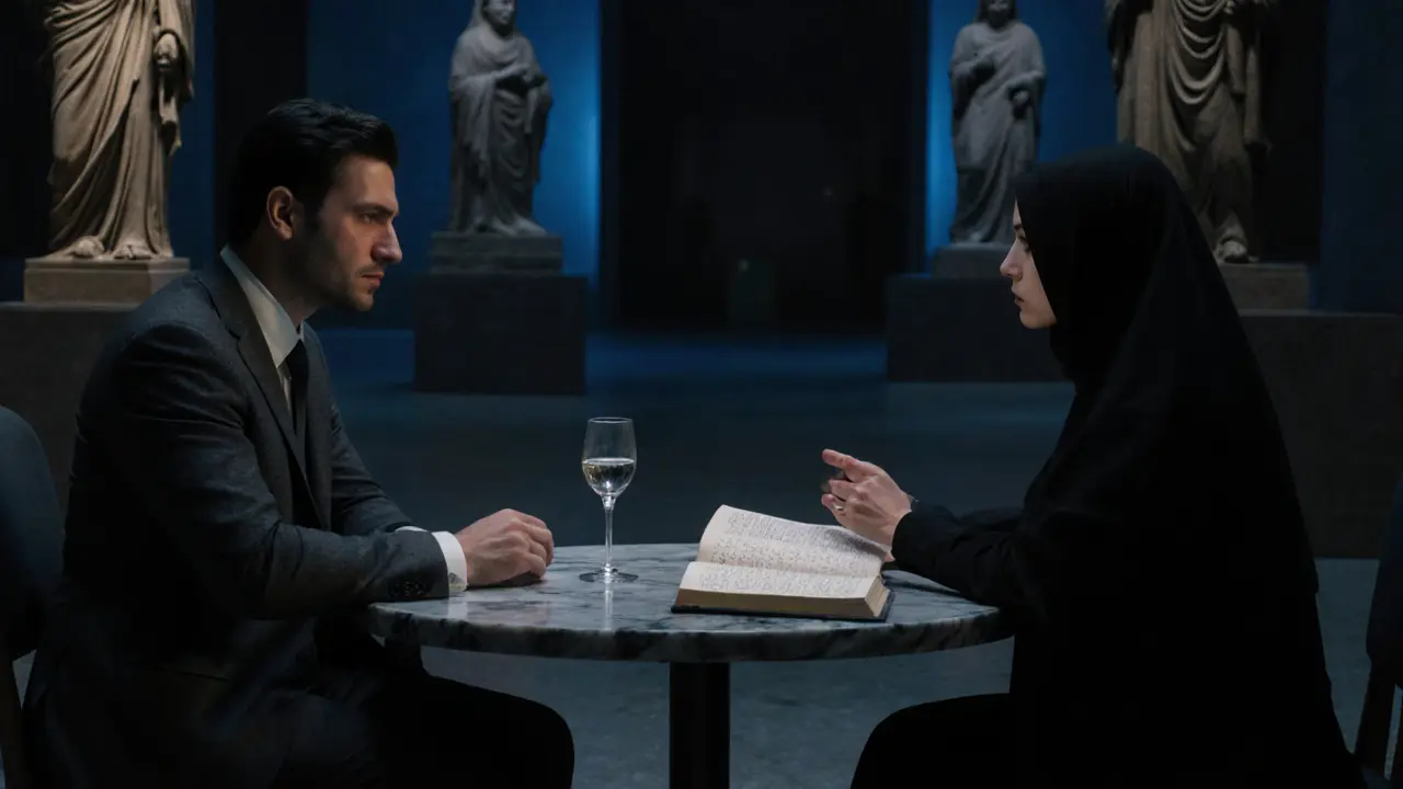 Two figures in quiet conversation amid art exhibits in a dimly lit museum after hours.