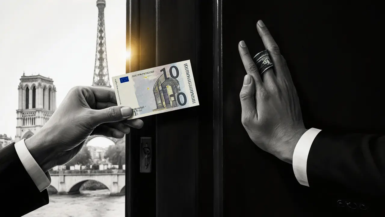 Two hands exchanging cash as a door closes softly, representing mutual respect and boundaries in Paris.