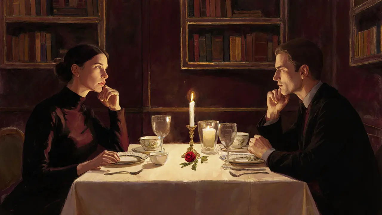 Two people having an intimate dinner in a Mayfair restaurant, illuminated by candlelight with books and a rose on the table.