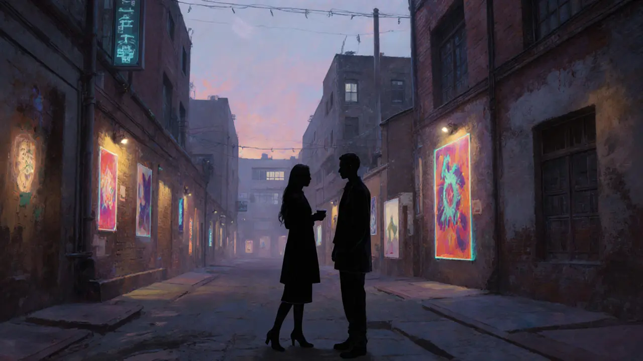 Two people in quiet courtyard at Alserkal Avenue, surrounded by art and dusk lighting.