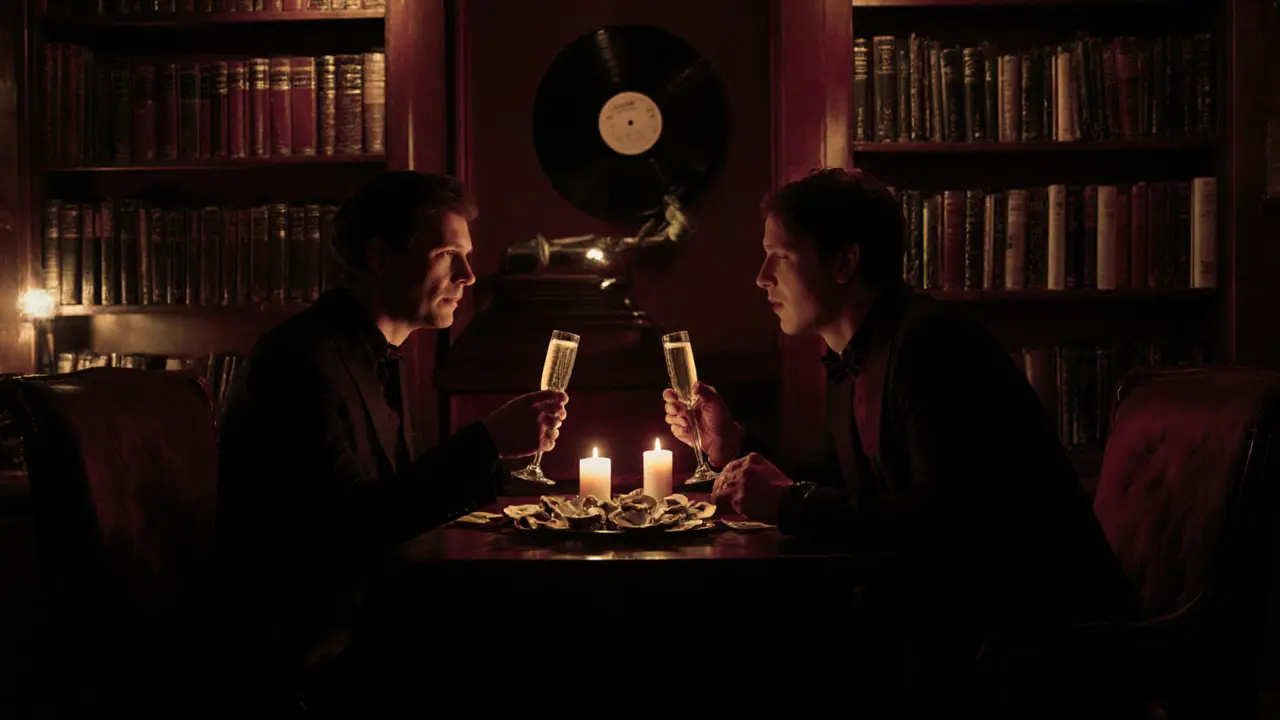 Two people share champagne and conversation in a hidden speakeasy with bookshelf entrance.