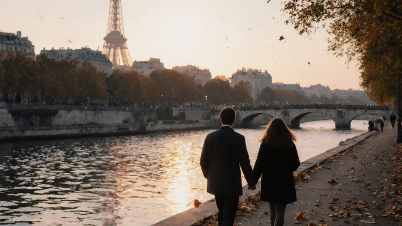 Two people walking peacefully along the Seine at sunset, the Eiffel Tower in the distance.