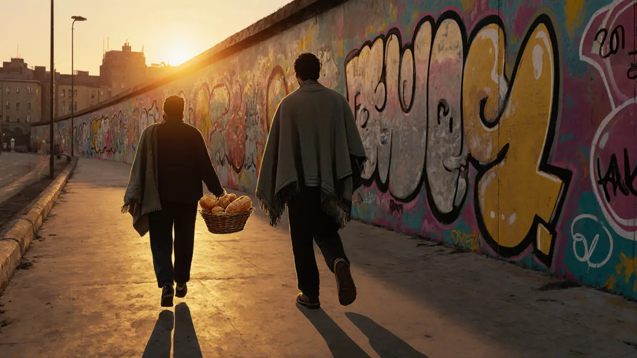 Two silhouettes walking at sunrise along the East Side Gallery murals, peaceful and quiet.