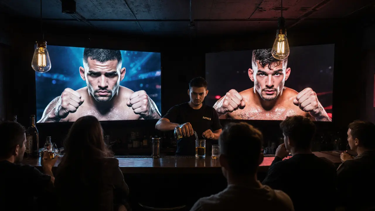 UFC fight night at The Ring in Shoreditch, ring-shaped bar, intense crowd under dramatic lighting.