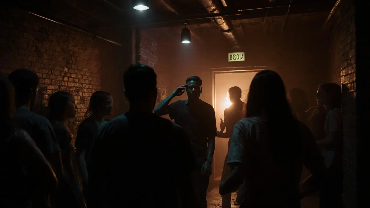 Underground club La Bussola with pulsing lights and silhouetted dancers.