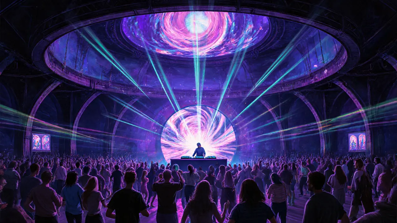 Vibrant circular venue with lasers and dancing crowd, blending vintage architecture with modern light shows.