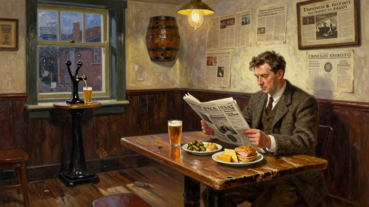A British pub in Paris at dusk, man reading newspaper beside a cask ale and ploughman’s lunch under soft lamplight.