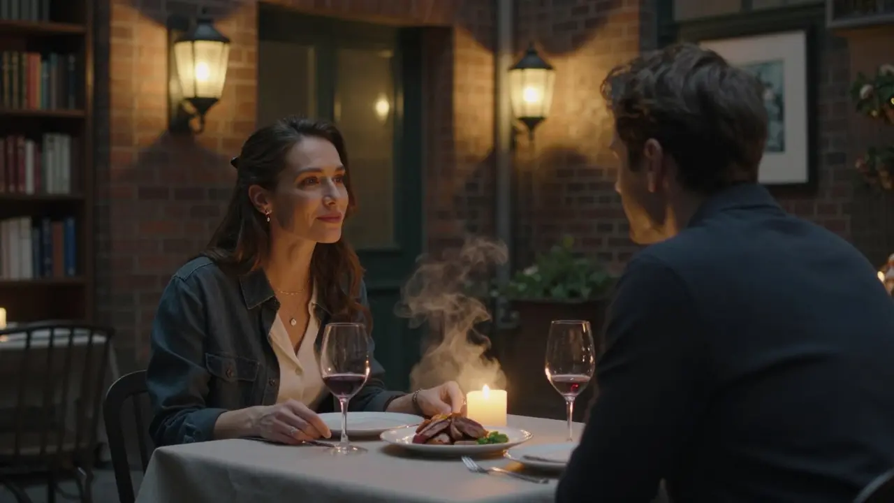 A candlelit dinner in a hidden Berlin courtyard, two people sharing a quiet meal under soft lantern light.