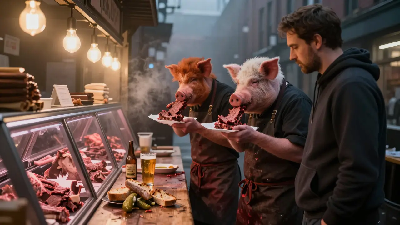 A chef and delivery driver sharing beef on paper trays at The Ginger Pig late at night, cider beside them.
