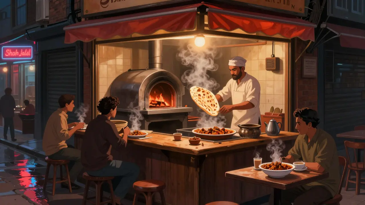 A chef flipping naan in a warm Brick Lane curry shop, customers enjoying rogan josh and chai at counter.