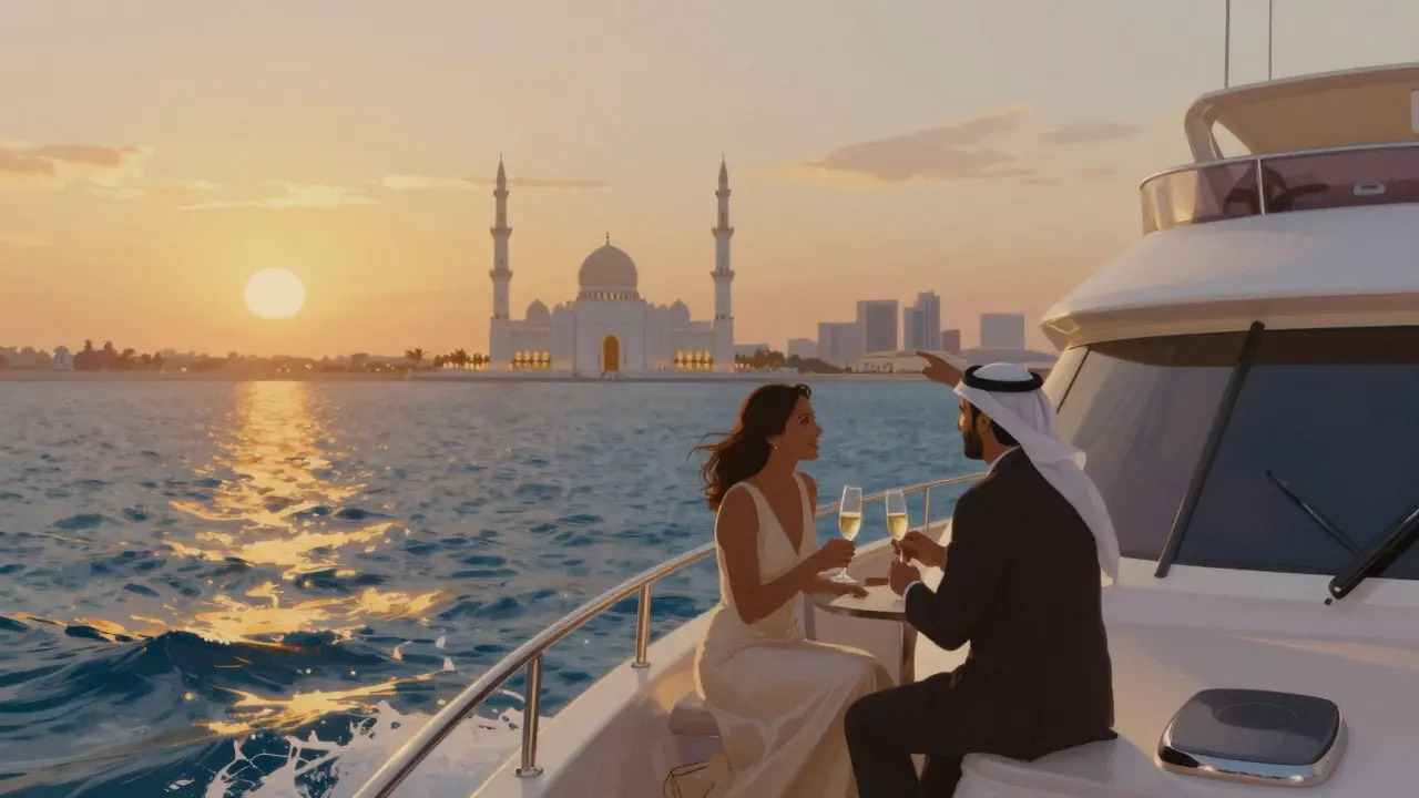 A couple enjoying champagne on a private yacht at sunset, Abu Dhabi skyline glowing in the distance.