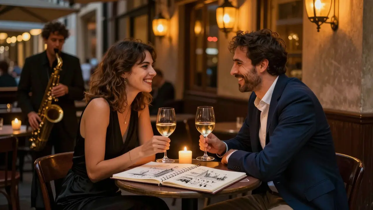 A couple laughing at a hidden jazz bar in Navigli, surrounded by soft candlelight and musical ambiance.