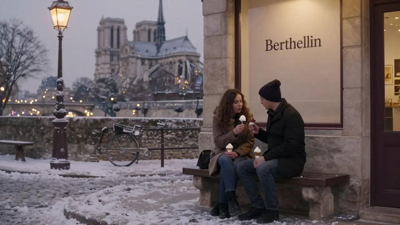 A couple shares ice cream on a bench by the Seine, Notre-Dame glowing softly in the background.