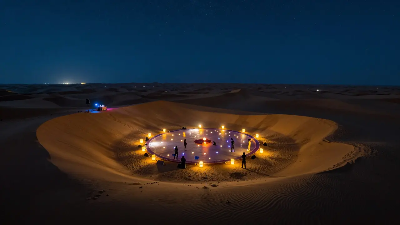 A desert rave under the stars with floating lanterns and dancers on golden dunes under a Milky Way sky.