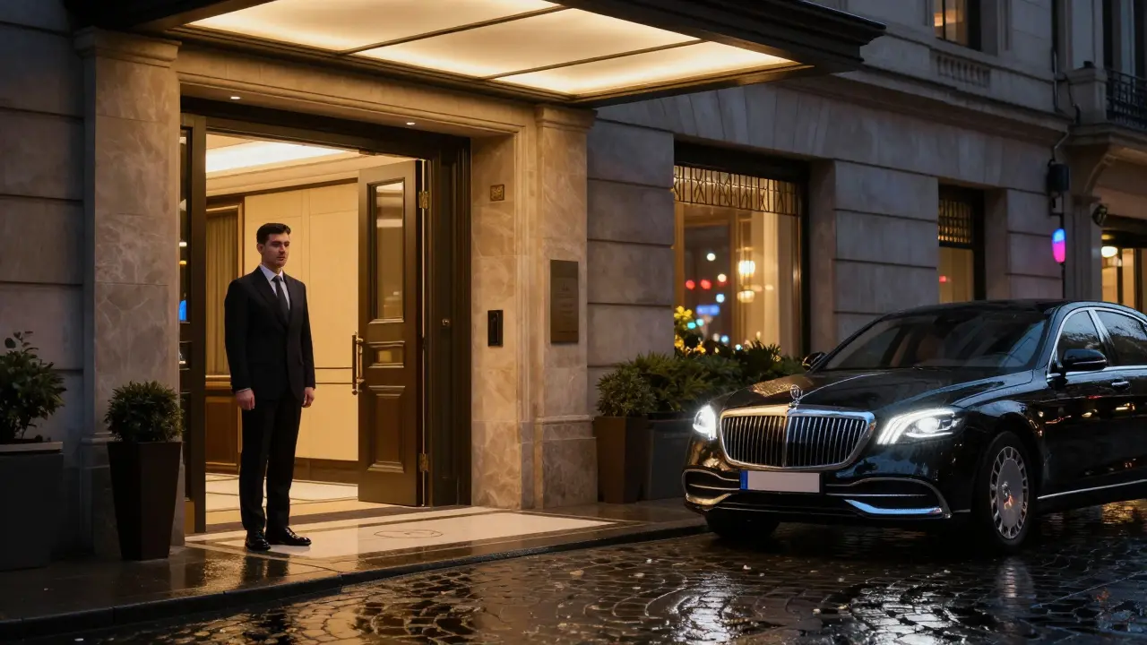 A discreet hotel entrance at night with a doorman, luxury car outside, rain-slicked cobblestones reflecting soft golden light.