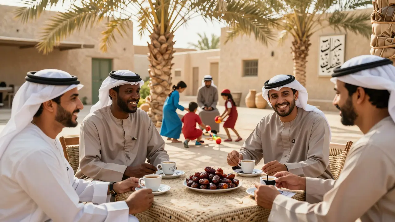 A diverse group enjoying coffee and dates at Abu Dhabi's Heritage Village in sunlight.