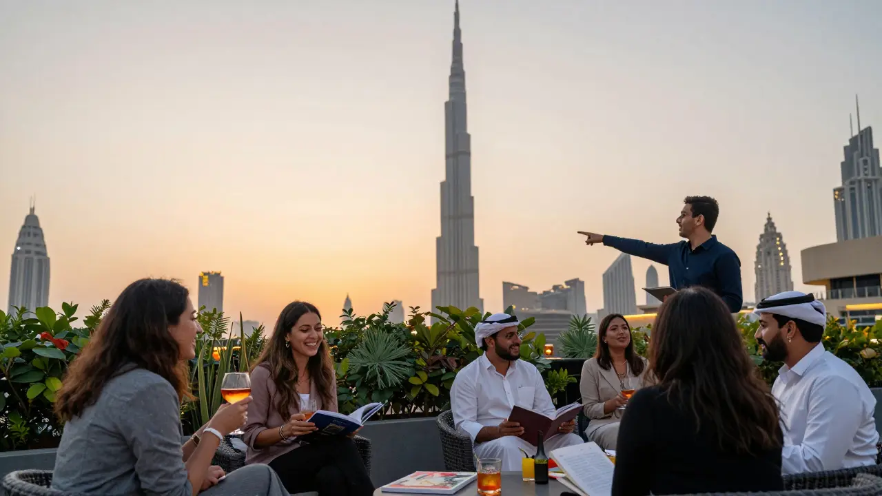 A diverse group of people socializing peacefully on a rooftop garden in Dubai at sunset, enjoying the view.