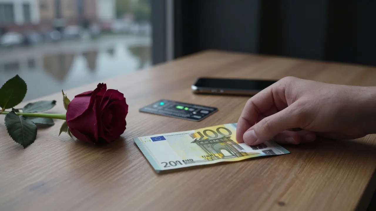 A €200 bill and rose rest on a wooden table, with city lights reflected in a puddle outside.