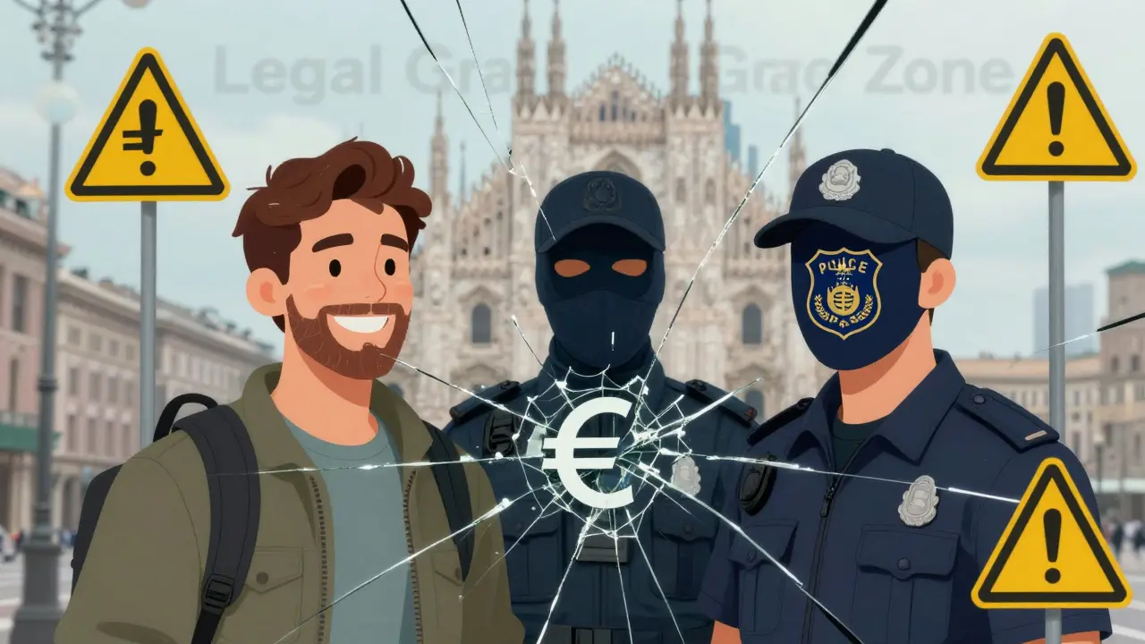 A fractured mirror reflects a tourist, an escort, and a police badge, with euro symbols cracking the surface.