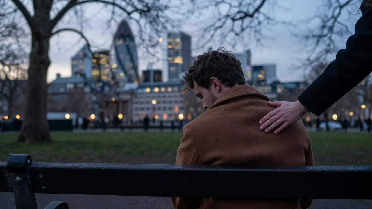 A gentle hand places a coat on a man&#039;s shoulders on a London park bench at dusk, conveying comfort without words.