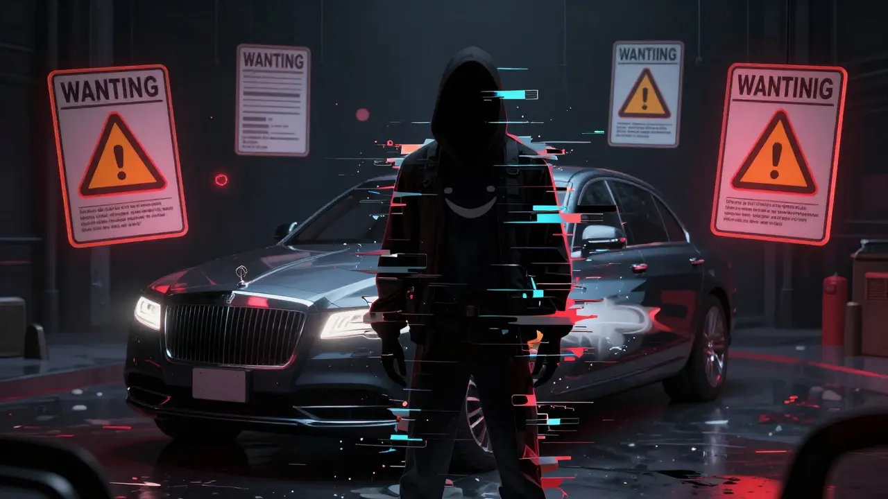 A glitchy, shadowy figure made of stolen photos stands near a luxury car, surrounded by warning symbols.