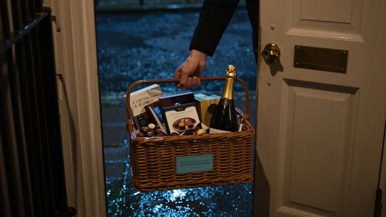 A gourmet hamper placed on a London doorstep at night, rain glistening on the pavement.