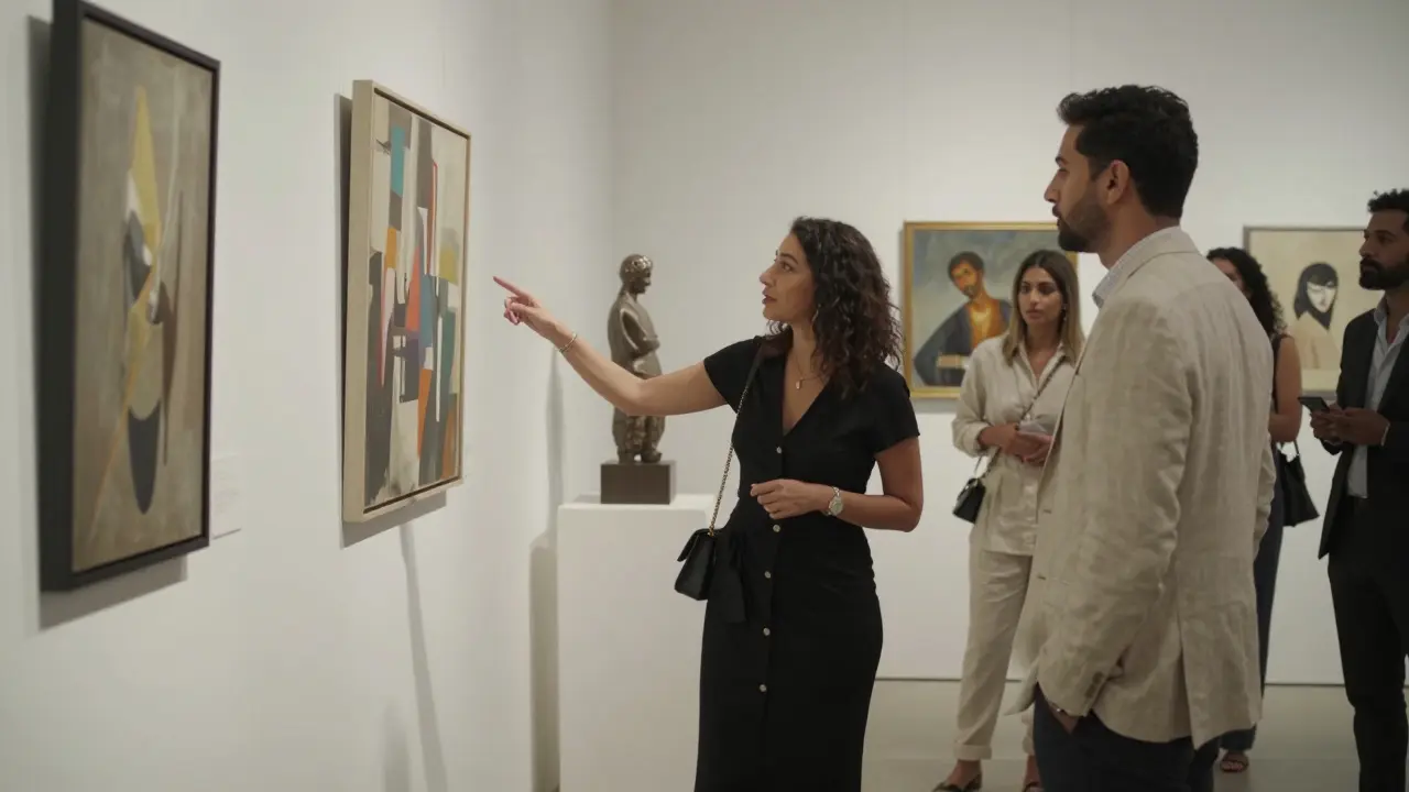 A group of expats at a private art gallery opening in Abu Dhabi, admiring contemporary art in a serene, cultured setting.
