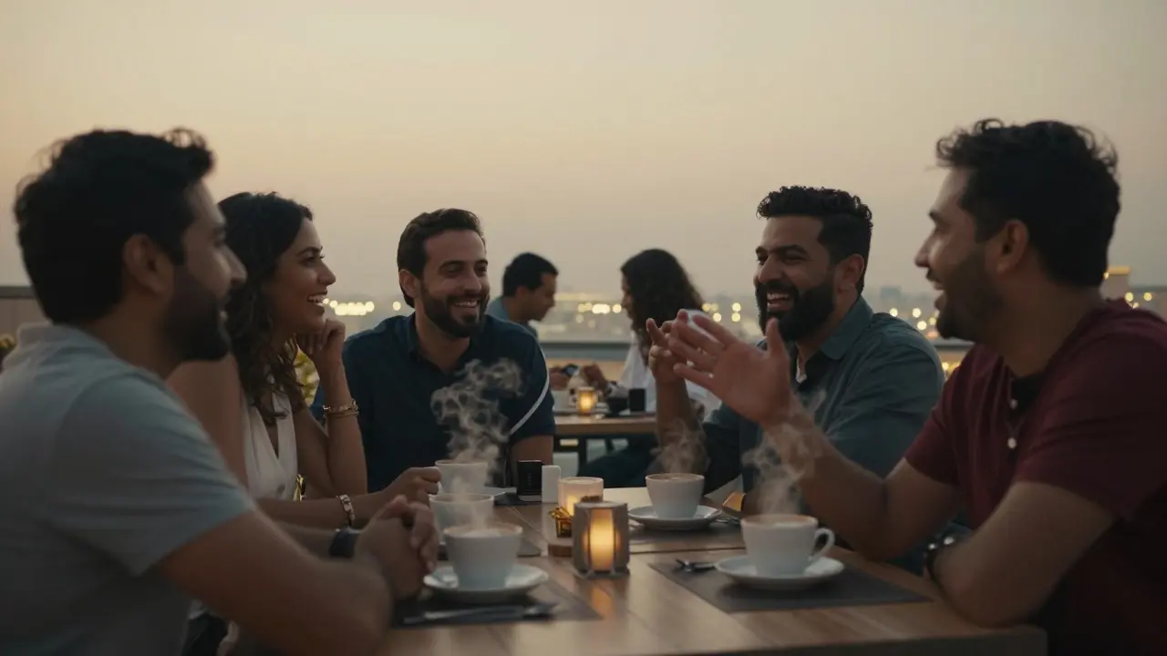 A group of people laugh together at a rooftop café in Abu Dhabi, city lights glowing in the background.
