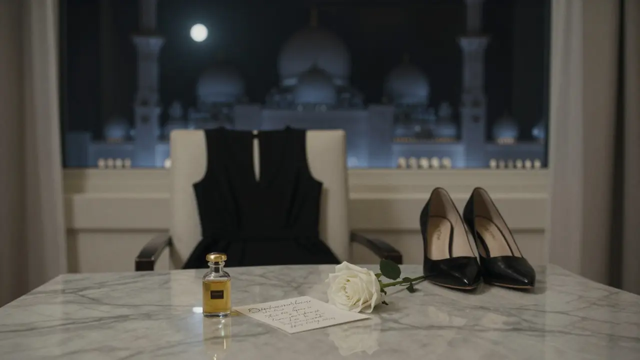 A handwritten note, cologne vial, and white rose rest on marble beside a neatly hung dress in a luxury hotel room.